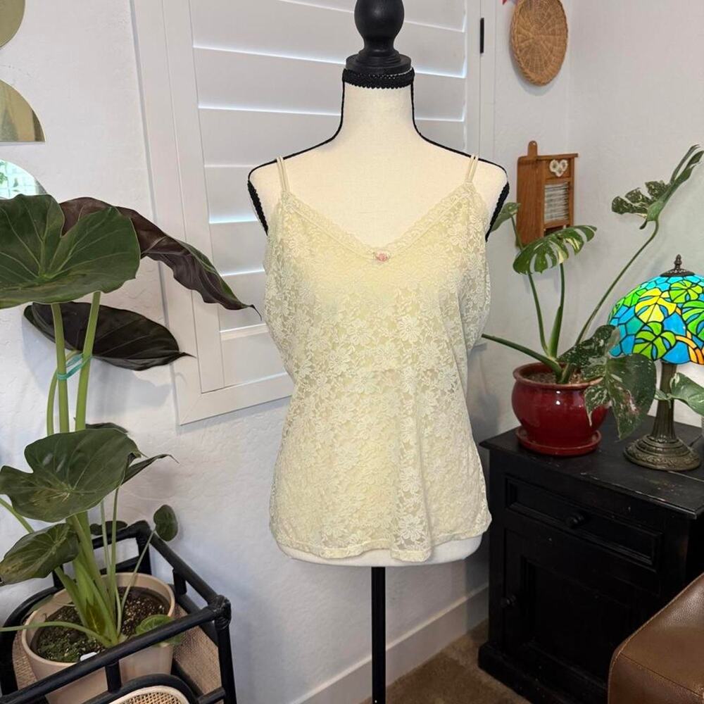 Vintage Butter Yellow Floral Lace Cami Built-In Bra Coquette Lingerie Top